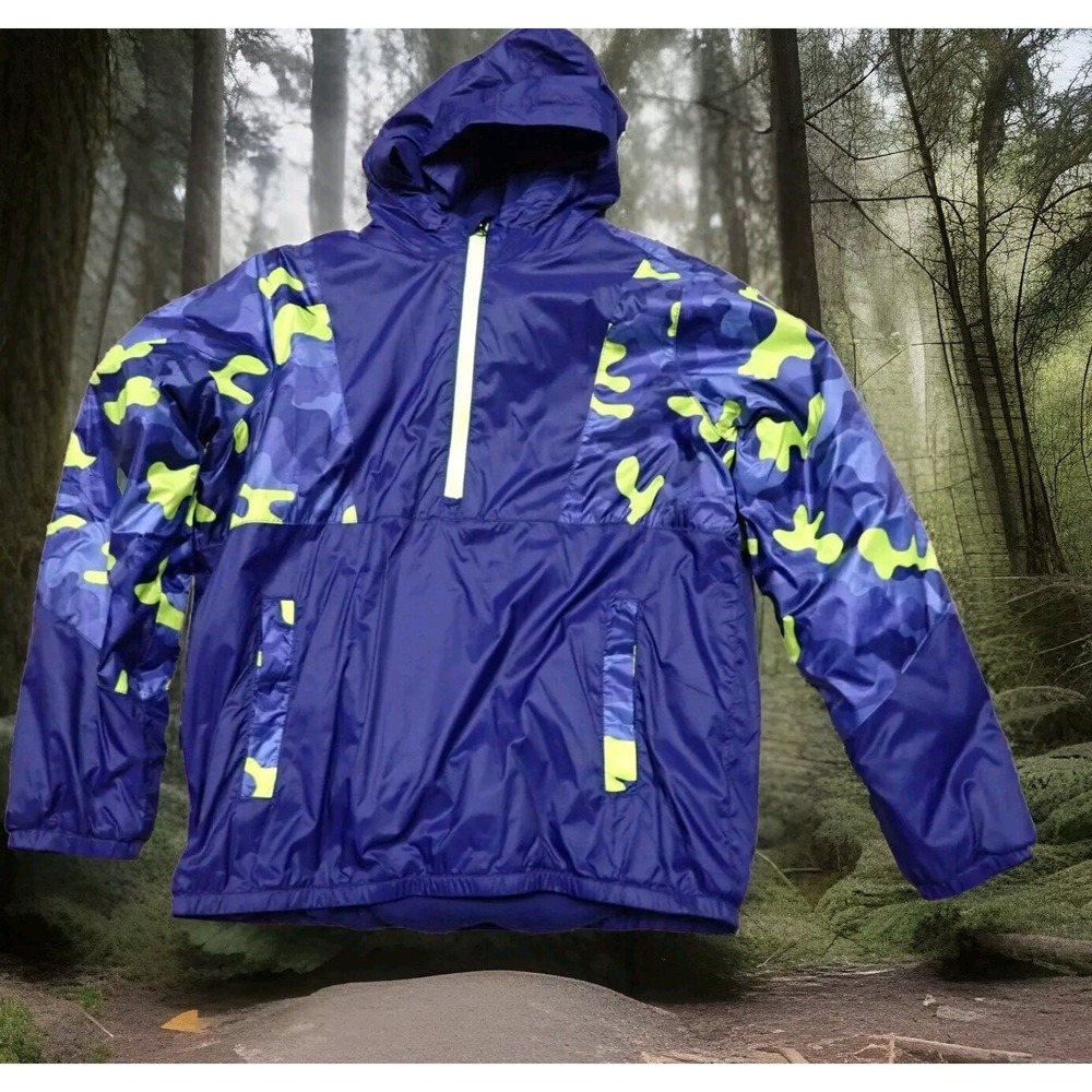 Lands' End Windbreaker Jacket Boys Large 10-12 Blue Camo Excellent Fleece Lined